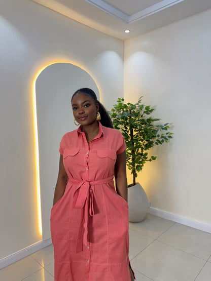 Coral Linen Shirt Dress