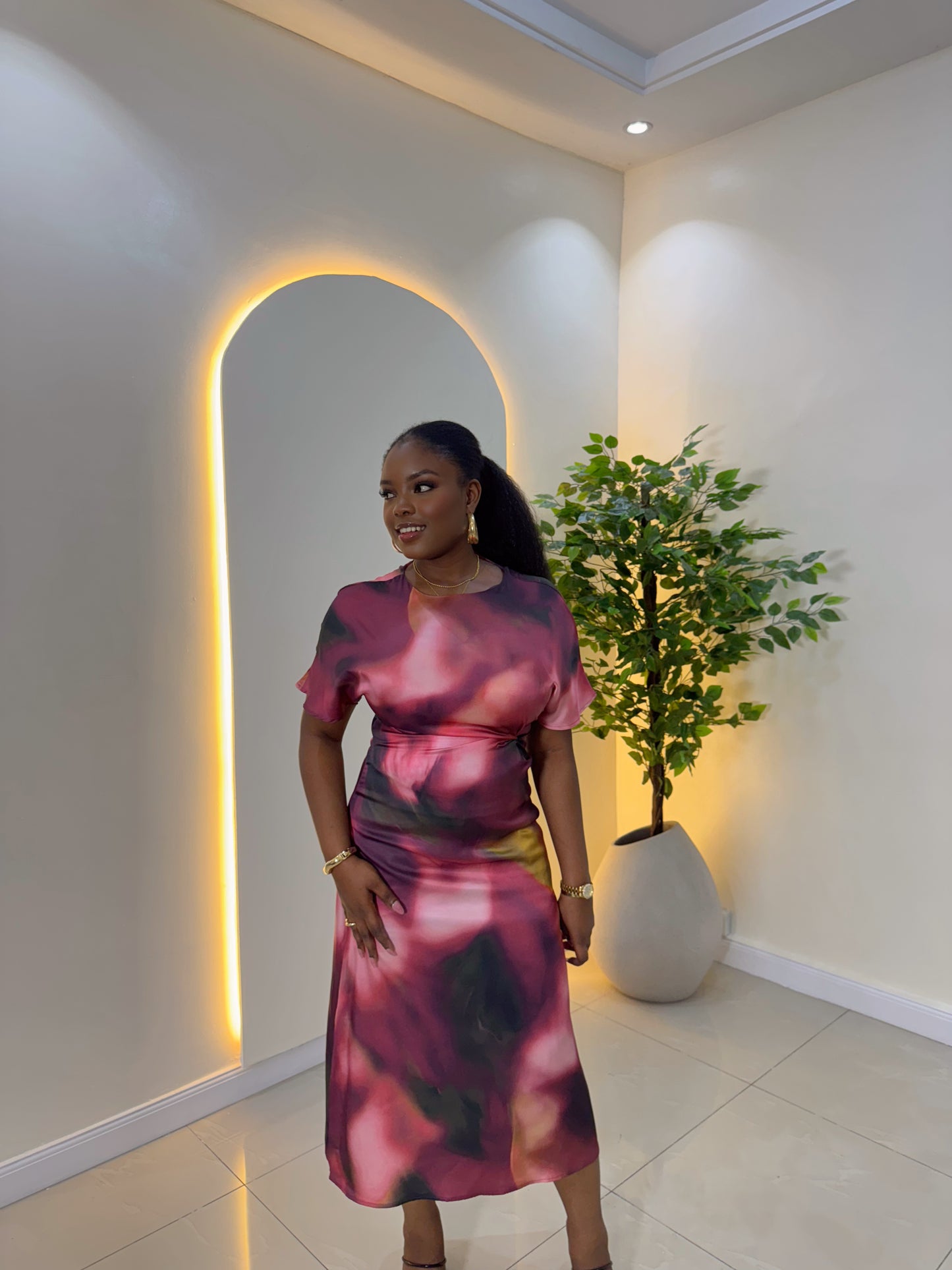 Patterned Silk Midi Dress