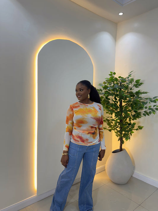 Orange Print Mesh Top