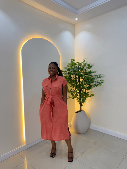 Coral Linen Shirt Dress