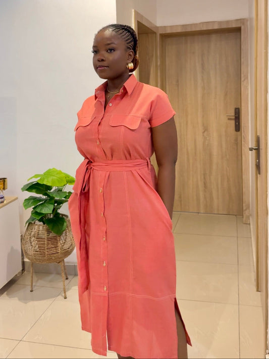 Coral Linen Shirt Dress